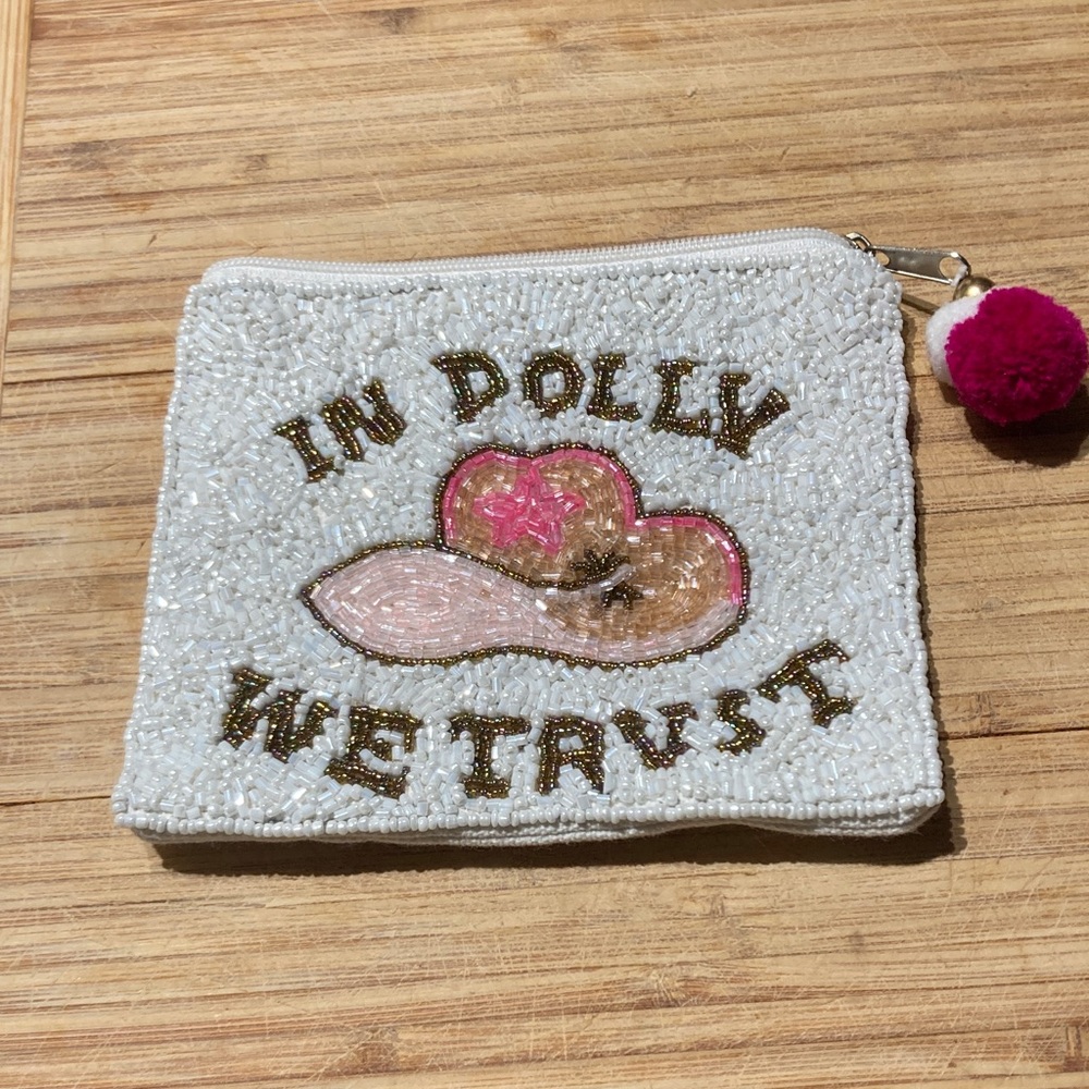 Dolly Parton White Coin Pouch with Pink Pom Pom ……..In Dolly we Trust